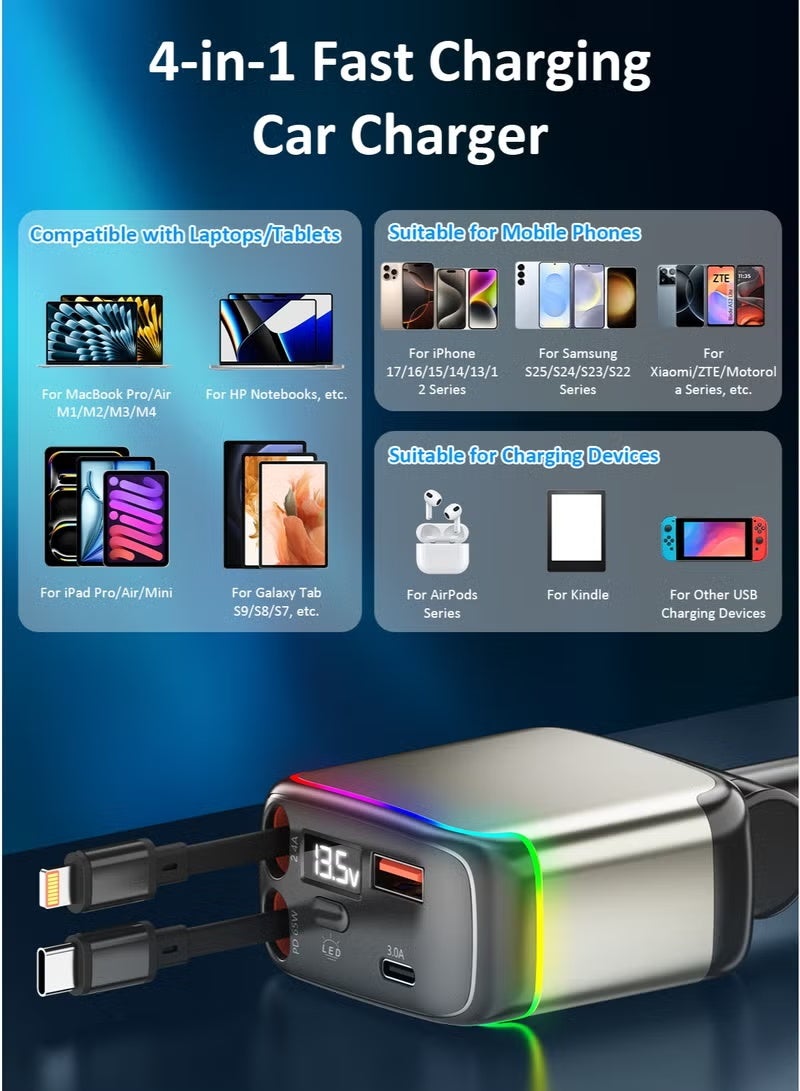 Retractable Car Charger for Cigarette Lighter, 137W Total Power Output PD 65W Fast Charging Car Charger, 90cm Retractable Lightning and Type-C Cables, USB-A and USB-C Port, Over-heating Protection, Cool Lighting, for iPhone Android Tablets and Other Devices - Image 5